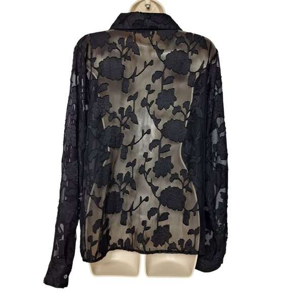 Jon & Anna Black Sheer Floral Burnout Blouse Large Long Sleeve Button-Up Shirt - Picture 3 of 6